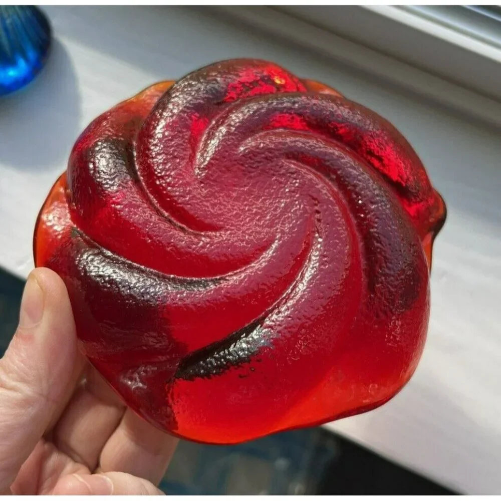 Fenton Red Amberina Swirl Textured Glass Trinket Dish Ashtray 5" Heavy Glows UV - Picture 3 of 8